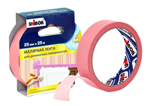 Unibob / Унибоб Малярная клейкая лента (Розовая) для деликатных поверхностей 25 мм х 25 м фото 2